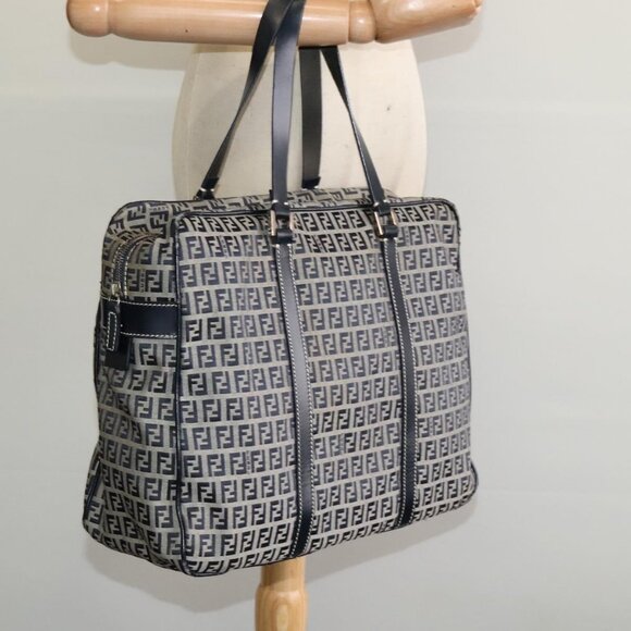 FENDI Zucchino Canvas Hand Bag Navy Silver Auth - Picture 15 of 16